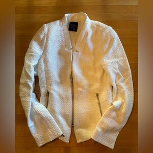 Zara White Textured Blazer with Zipper Details